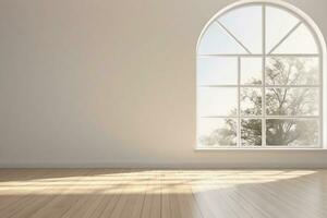 interior design, Mock-up of white empty room tihe arch window and wood laminate floor, sun light cast the shadow on the wall,Perspective of minimal inteior design. generative ai. photo