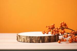 Wood podium saw cut of tree on orange background with autumn rowan berries. Concept scene stage showcase, product, Wooden stand studio empty. generative ai. photo