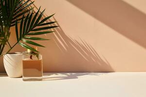 Minimal modern product display on textured beige background with palm shadows overlay. generative ai. photo