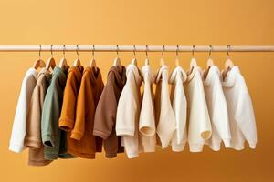 stylish baby clothes hanging on rack against color background. created generative ai. photo