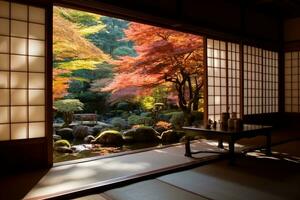 Scenery of brilliant maple foliage in the courtyard garden viewed thru the Shoji window of a traditional Japanese Tatami room on a beautiful sunny autumn day. generative ai. photo