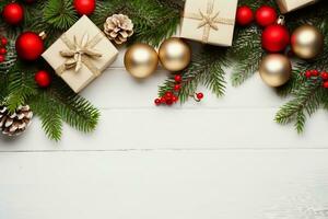 Christmas or New Year background, plain composition made of Xmas decorations and fir branches, flat lay, blank space for a greeting text. generative ai. photo
