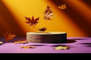 otoño hojas con un redondo de madera podio. generativo ai. foto