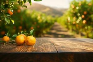 Empty wood table with free space over orange trees, orange field background. For product display montage. generative ai. photo