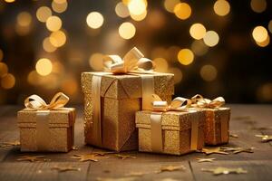 Christmas Holiday Background with Decorative Design Objects and Gift Boxes.Created with Generative AI technology. photo