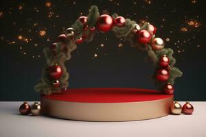 Elegant Stage Podium with Christmas Elements 3D Render for Festive Celebrations.Created with Generative AI technology. photo
