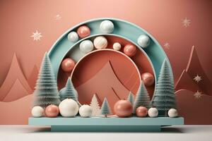 Elegant Stage Podium with Christmas Elements 3D Render for Festive Celebrations.Created with Generative AI technology. photo