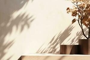 empty natural wooden log with wood grain podium for organic products overlay display under sunlight with foliage leaves shadow on beige wall in background. generative ai. photo