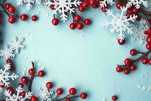 Navidad o invierno composición. marco hecho de copos de nieve y rojo bayas en pastel azul antecedentes. Navidad, invierno, nuevo año concepto. plano poner, parte superior vista, Copiar espacio. generativo ai. foto