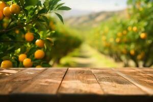 Empty wood table with free space over orange trees, orange field background. For product display montage. generative ai. photo