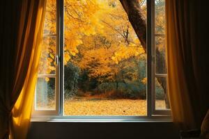 Window in room view on autumn park with fall leaves on the tree. autumn concept. generative ai. photo