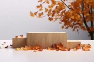Autumn concept empty wooden podium surrounded by fallen leaves on white background 3d render. generative ai. photo
