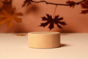 brown box made of precious wood, block, cylindrical podium, branch with maple leaves on a peach-colored background. conceptual autumn scene, stage showcase, product, promotion. generative ai. photo