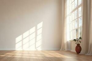 white empty room with wooden floor and sun light cast shadow on the wall. generative ai. photo