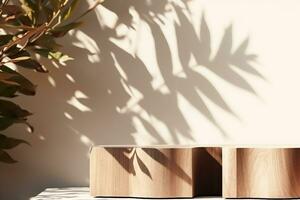 empty natural wooden log with wood grain podium for organic products overlay display under sunlight with foliage leaves shadow on beige wall in background. generative ai. photo
