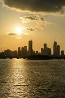 The night view of the city of Yeouido, a high-rise building, shot at Dongjak Bridge in Seoul at sunset photo