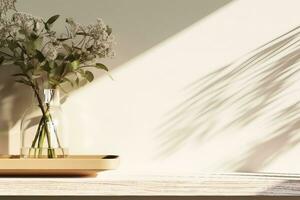 vacío roble madera dejar de lado siguiente a un decoración verde hojas planta en vaso florero con luz de sol y follaje sombra en beige pared en antecedentes. generativo ai. foto