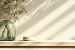 empty oak wood shelve next to a decor green leaves plant in glass vase with sunlight and foliage shadow on beige wall in background. generative ai. photo