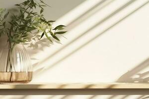 empty oak wood shelve next to a decor green leaves plant in glass vase with sunlight and foliage shadow on beige wall in background. generative ai. photo