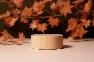brown box made of precious wood, block, cylindrical podium, branch with maple leaves on a peach-colored background. conceptual autumn scene, stage showcase, product, promotion. generative ai. photo
