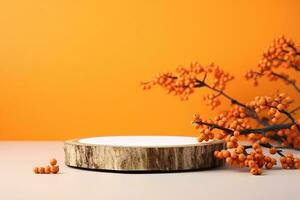 Wood podium saw cut of tree on orange background with autumn rowan berries. Concept scene stage showcase, product, Wooden stand studio empty. generative ai. photo