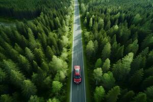 Aerial view of green forest and red car on the road. Bird's eye. generative ai. photo