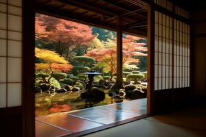 Scenery of brilliant maple foliage in the courtyard garden viewed thru the Shoji window of a traditional Japanese Tatami room on a beautiful sunny autumn day. generative ai. photo