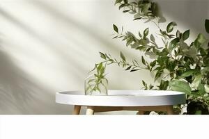 interior design, empty clean white table tray podium with green leafs plant, blowing curtains, beautiful foliage leaves shadow on white blank wall, Background,,Products display. generative ai. photo