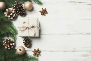 Christmas composition. Christmas gift, knitted blanket, pine cones, fir branches on wooden white background. Flat lay, top view, copy space. generative ai. photo