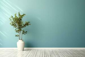 blue wall empty room with green plant in vase. generative ai. photo