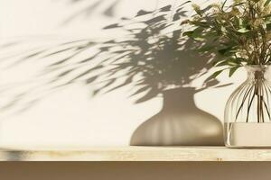 empty oak wood shelve next to a decor green leaves plant in glass vase with sunlight and foliage shadow on beige wall in background. generative ai. photo