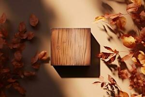 wood display flat lay podium on natural brown backdrop and dry leaf shadow. Product promotion beauty cosmetic autumn showcase. Studio wooden platform with copy space 3D render. generative ai. photo