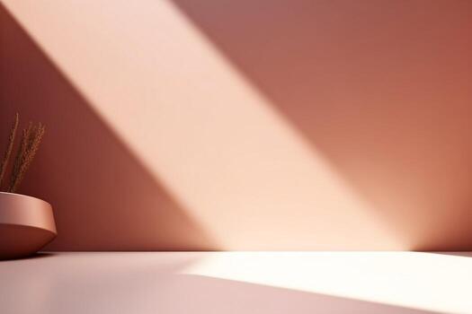 Unobtrusive background with shadow on the wall. Premium podium, stand on pastel light background. Mock up for exhibitions, presentation of products. generative ai. photo