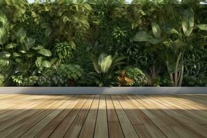 interior design, Empty wooden terrace with green wall 3d render,There are wood plank floor with tropical style tree garden background sunlight shine on the tree. generative ai. photo