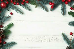 Christmas frame made of fir branches, red berries. Christmas wallpaper. Flat lay, top view, copy space. generative ai. photo