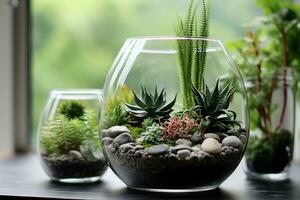 interior design, Mini succulent garden in glass terrarium on windowsill. generative ai. photo