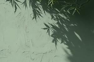 Abstract tree leaves shadows on gray green concrete wall texture with roughness and irregularities. Abstract trendy nature concept background. Copy space for text overlay. generative ai. photo