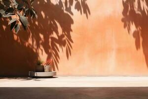 Orange Backdrop Podium Pattern for add Product,Abstract Texture Shadow Leaves Overlay with Sun Light Background,Design Autumn Summer Table Studio Room with Sun Light. generative ai. photo