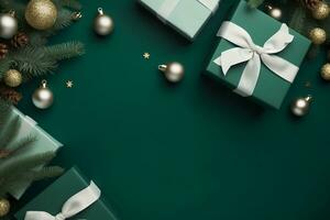 Christmas border with xmas tree and gifts on green background. Winter holiday. Happy New Year. Space for text. View from above, flat lay. Xmas. Template, mockup. Greeting card. generative ai. photo
