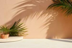 Minimal modern product display on textured beige background with palm shadows overlay. generative ai. photo