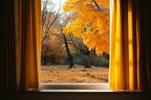 Window in room view on autumn park with fall leaves on the tree. autumn concept. generative ai. photo