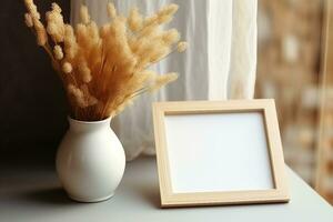 Picture frame mockup and vase of dried linum on windowsill top view. Flat lay, top view, copy space. generative ai. photo