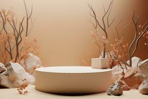 product display podium stand with stone rock. Abstract beige background scene with geometric shape. Brown pedestal table with autumn plants for beauty product. generative ai. photo