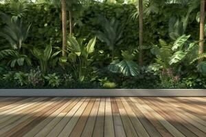 interior design, Empty wooden terrace with green wall 3d render,There are wood plank floor with tropical style tree garden background sunlight shine on the tree. generative ai. photo