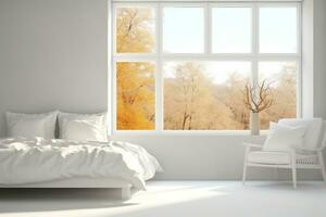 White stylish minimalist bedroom with armchair and autumn landscape in window. Scandinavian interior design. generative ai. photo