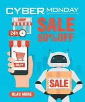 Cyber monday sale 50 off concept flat design with robot vector