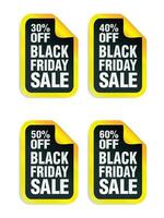 Black friday sale yellow stickers set. Sale 30, 40, 50, 60 off discount vector