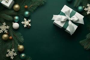 Christmas border with xmas tree and gifts on green background. Winter holiday. Happy New Year. Space for text. View from above, flat lay. Xmas. Template, mockup. Greeting card. generative ai. photo