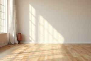 white empty room with wooden floor and sun light cast shadow on the wall. generative ai. photo