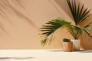 Minimal modern product display on textured beige background with palm shadows overlay. generative ai. photo